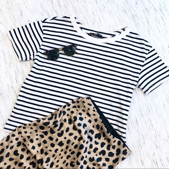 Zara 100% Cotton Striped Black/White Tee - Small - Picture 2 of 6